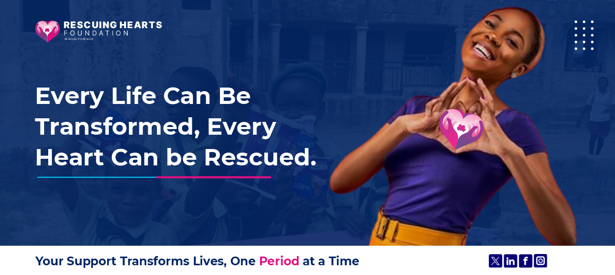 Banner design, dark blue color with RHF heart magenta color logo, with inscribed words 'every life can be transformed, every heart can be rescued neatly placed mid-left, while an image of a teenage girl making a heart shaped sign to the right